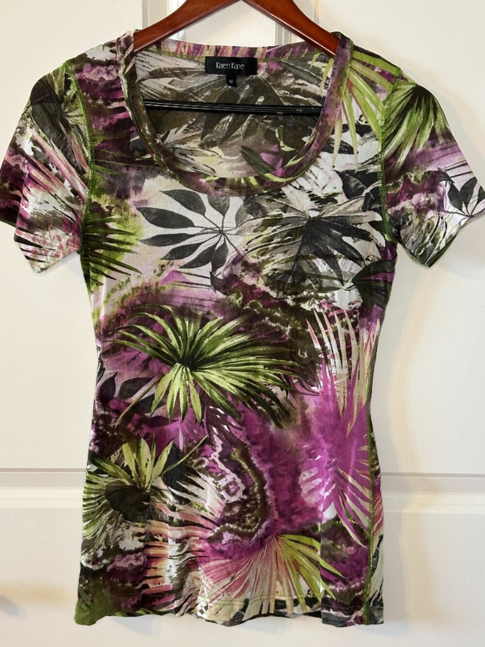 Karen Kane Tropical Mesh Top M Purple Green Palm Print Sheer Stretch USA